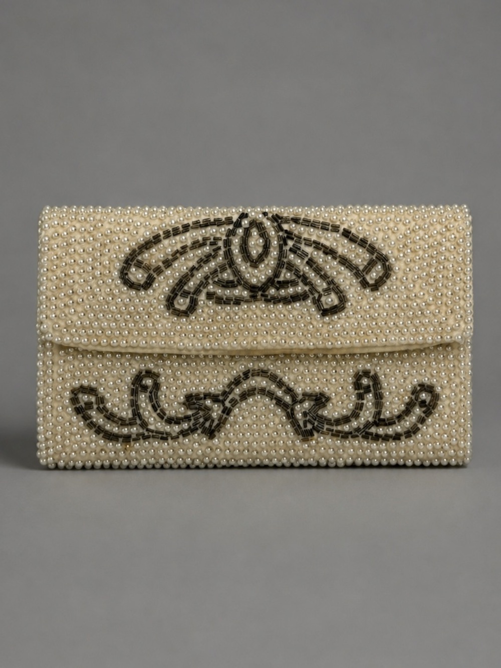 Emson - Vintage Handmade in Japan Pearl-Embellished Cream Evening Clutch